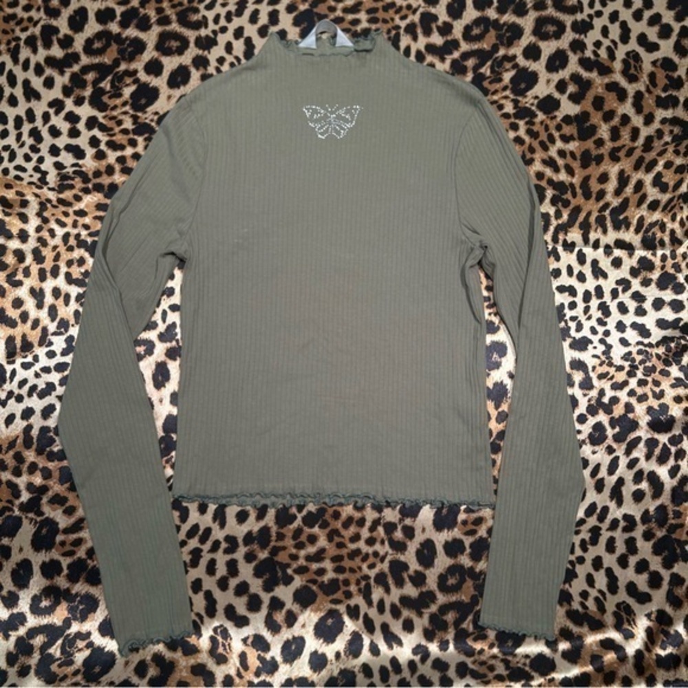 H&M Girls Green Mock Neck Long Sleeve Shirt with Rhinestoned Butterfly